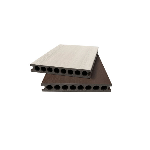 Placă Deck 3D cu 2 fete, din WPC 148x23mm, L 3800mm, Structura cu Gol Rotund pentru Rezistenta Sporita, o fata maro, o fata gri deschis