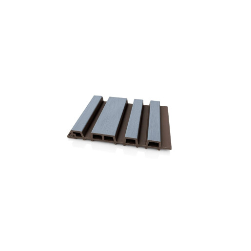 Riflaj WPC coextrudat canelat asimetric gri inchis pe fond maro, Dimensiune: 220x26mm, Lungime 3600mm