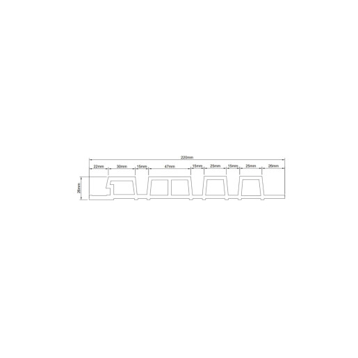 Riflaj WPC coextrudat canelat asimetric gri inchis pe fond maro, Dimensiune: 220x26mm, Lungime 3600mm