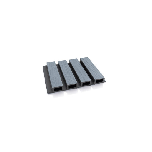 Riflaj WPC coextrudat canelat gri inchis pe fond negru, Dimensiune: 219x26mm, Lungime 3600mm