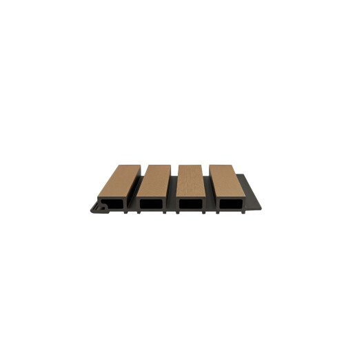 Riflaj WPC coextrudat canelat maro tec pe fond negru, Dimensiune: 219x26mm, Lungime 3600mm