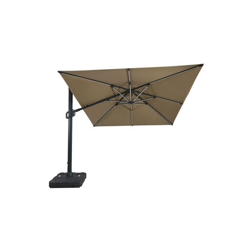 Umbrela de soare 3x3m pentru terasa si gradina, aluminiu, pliabila, cu iluminare LED, culoare kaki, include suport de plastic