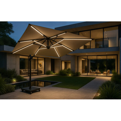 Umbrela de soare 3x3 m, aluminiu, pliabila, cu iluminare LED, kaki, suport de granit inclus