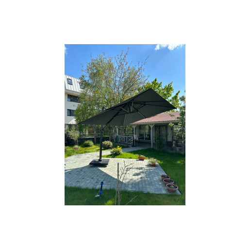 Umbrela de soare 3x3 m, aluminiu, pliabila, gri antracit, suport de granit inclus