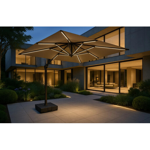 Umbrela de soare 3x3m pentru terasa si gradina, aluminiu, pliabila, cu iluminare LED, culoare kaki, include suport de plastic
