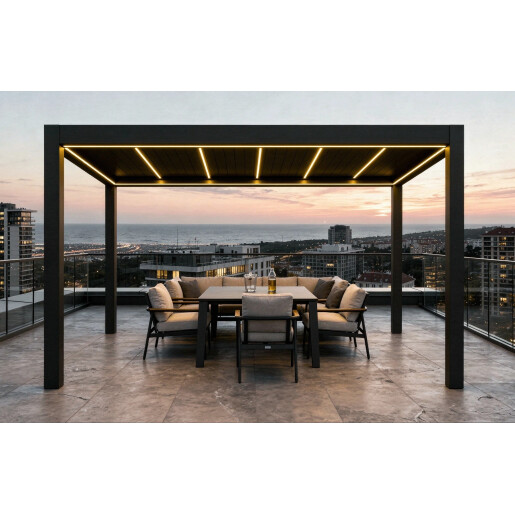 Pergola SUPREME din Aluminiu, Acoperis Reglabil cu Spuma Poliuretanica, Actionare Electrica, Senzor de Ploaie si LED, 3000x4000mm, Gri RAL 7016
