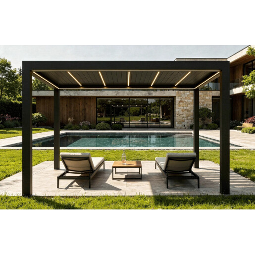 Pergola SUPREME din Aluminiu, Acoperis Reglabil cu Spuma Poliuretanica, Actionare Electrica, Senzor de Ploaie si LED, 3000x4000mm, Gri RAL 7016