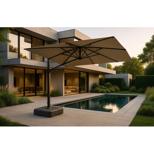 Umbrela de soare 3x3 m, aluminiu, pliabila, kaki, suport de granit inclus
