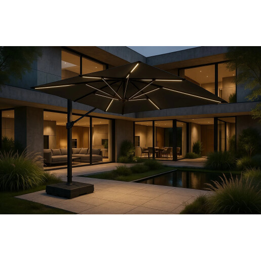 Umbrela de soare 3x3 m, aluminiu, pliabila, cu iluminare LED, gri antracit, suport de plastic inclus