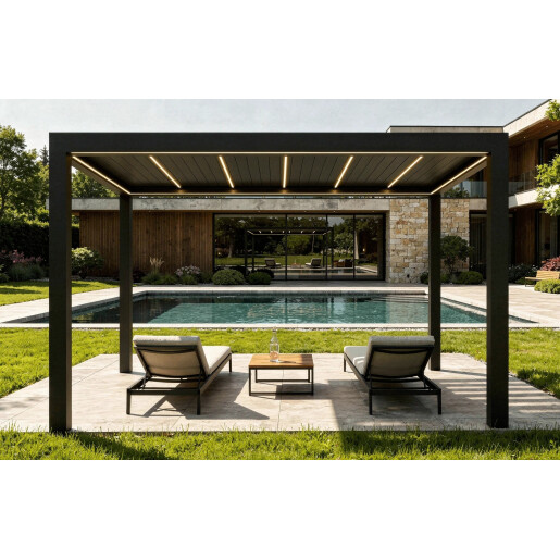 Pergola Bioclimatica Deluxe 2.0, Aluminiu, 3x4m, LED Lumina Calda, Gri Antracit