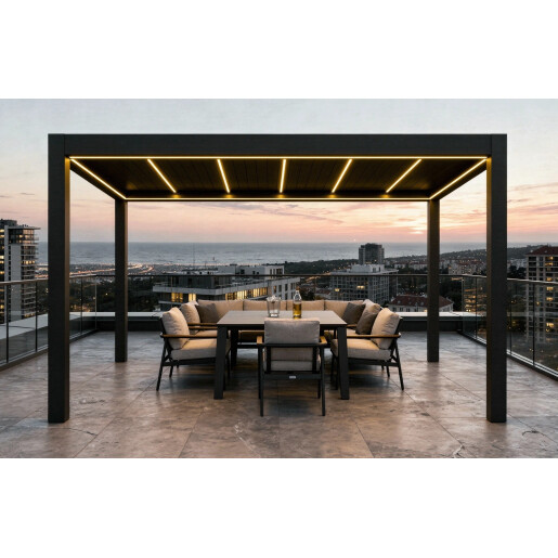 Pergola Bioclimatica Deluxe 2.0, Aluminiu, 3x4m, LED Lumina Calda, Gri Antracit
