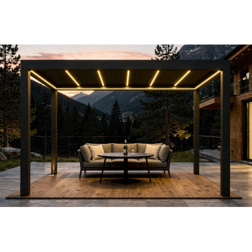 Pergola Bioclimatica Deluxe 2.0, Aluminiu, 4x4m, LED Lumina Calda, Gri Antracit
