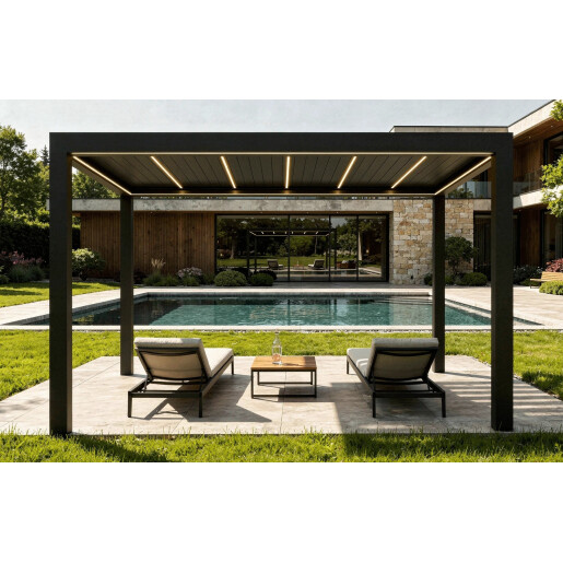 Pergola Bioclimatica Deluxe 2.0, Aluminiu, 4x4m, LED Lumina Calda, Gri Antracit