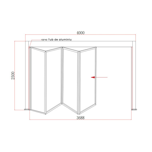 Paravan Pliant Bi-Fold din Sticla 4000x2500mm, 8mm, Sistem Aluminiu Gri RAL 7016 - pentru Pergole si Terase