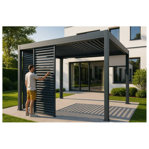 Paravan din Jaluzele Ajustabile Manual pentru Pergola, 1230x2285mm, Structura Gri RAL 7016