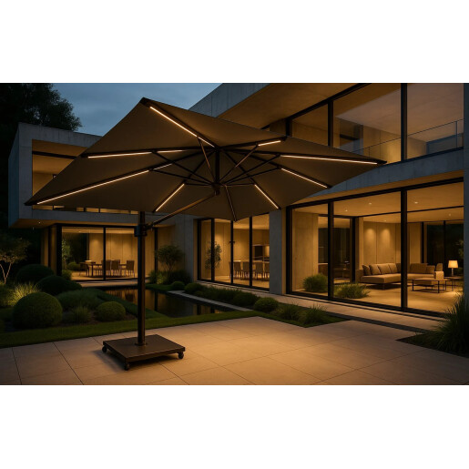 Umbrela de soare 3x3 m, aluminiu, pliabila, cu iluminare LED, gri antracit, suport de granit inclus