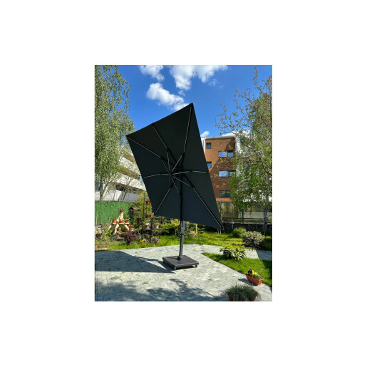 Umbrela de soare 3x3 m, aluminiu, pliabila, cu iluminare LED, gri antracit, suport de granit inclus