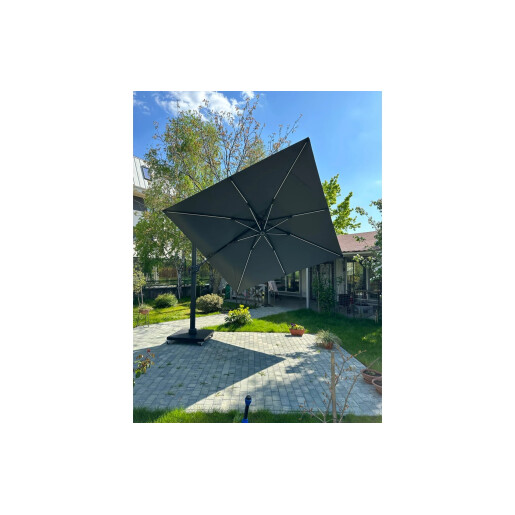 Umbrela de soare 3x3 m, aluminiu, pliabila, cu iluminare LED, gri antracit, suport de granit inclus
