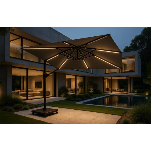 Umbrela de soare 3x3 m, aluminiu, pliabila, cu iluminare LED, gri antracit, suport de granit inclus