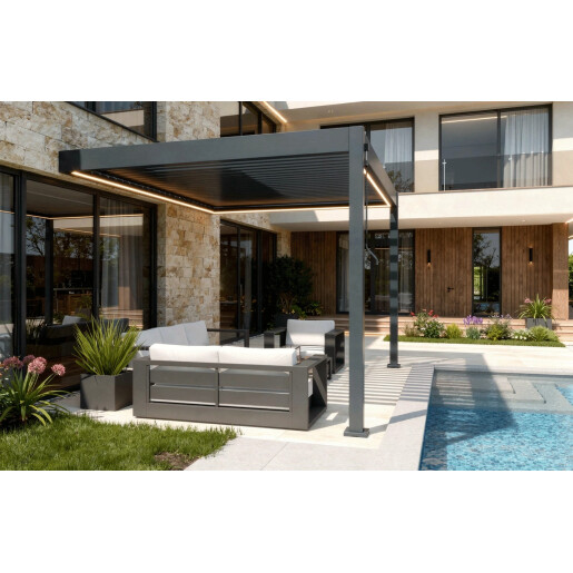 Pergola Bioclimatica X 2.0, cu Prindere pe Casa, 3x4m, LED Lumina Calda, Gri Antracit
