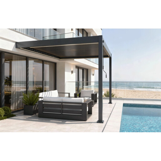 Pergola Bioclimatica X 2.0, cu Prindere pe Casa, 3x4m, LED Lumina Calda, Gri Antracit