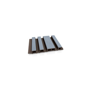 Riflaj WPC coextrudat canelat asimetric gri inchis pe fond maro, Dimensiune: 220x26mm, Lungime 3600mm