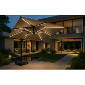 Umbrela de soare 3x3 m, aluminiu, pliabila, cu iluminare LED, kaki, suport de granit inclus