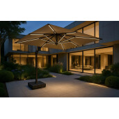Umbrela de soare 3x3m pentru terasa si gradina, aluminiu, pliabila, cu iluminare LED, culoare kaki, include suport de plastic