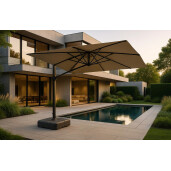 Umbrela de soare 3x3m pentru terasa si gradina, aluminiu, pliabila, cu iluminare LED, culoare kaki, include suport de plastic