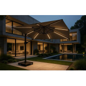 Umbrela de soare 3x3 m, aluminiu, pliabila, cu iluminare LED, gri antracit, suport de granit inclus